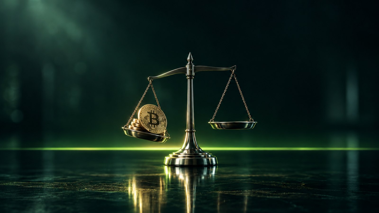 Balanza de acero con monedas de Bitcoin que inclina un platillo por encima de una línea de luz verde, símbolo de los topes para declarar renta