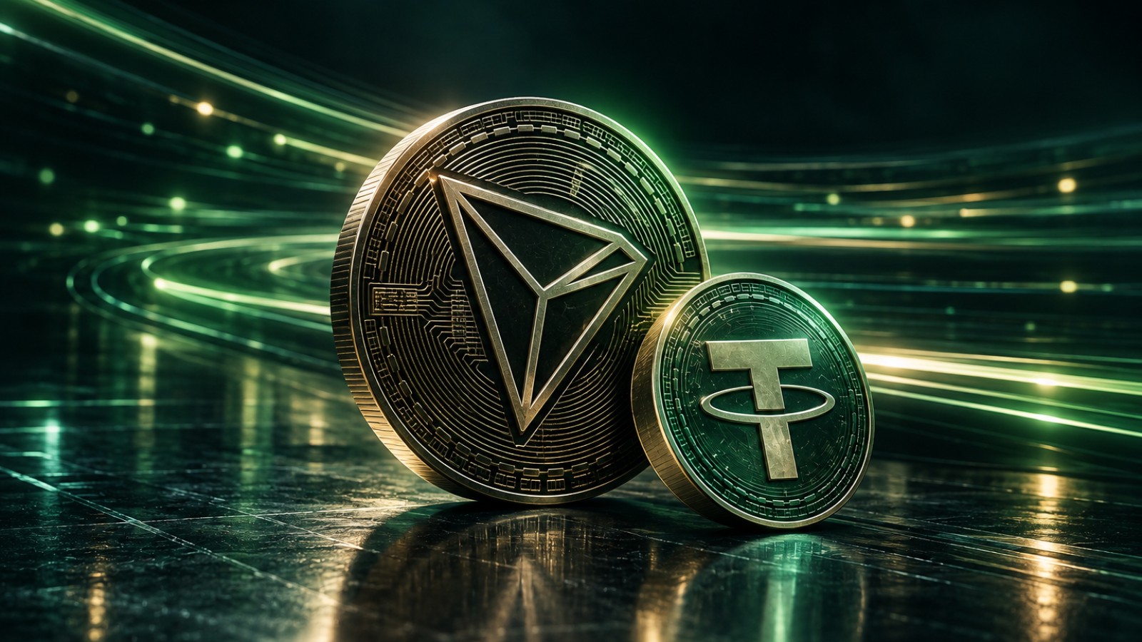 Moneda de TRON con una moneda de USDT apoyada en su base, con trazos de luz detrás