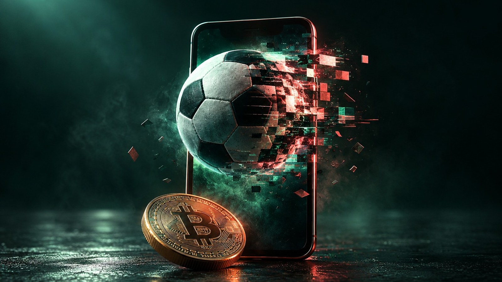 Balón de fútbol que se desintegra en píxeles sobre un celular, junto a una moneda de bitcoin