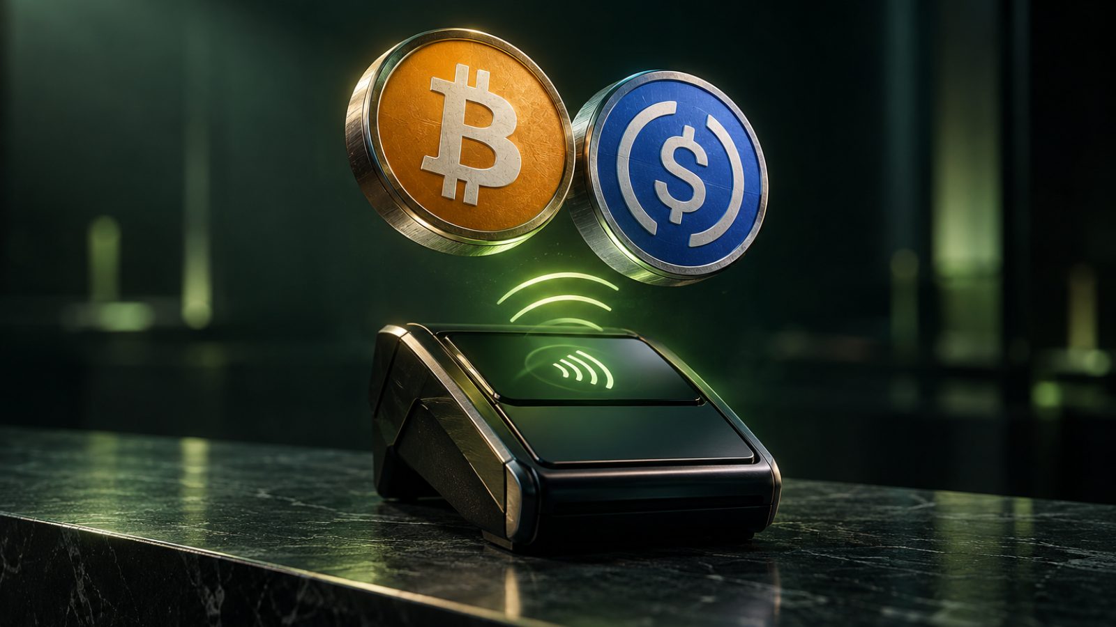 Terminal de pago sin contacto con monedas de bitcoin y USDC