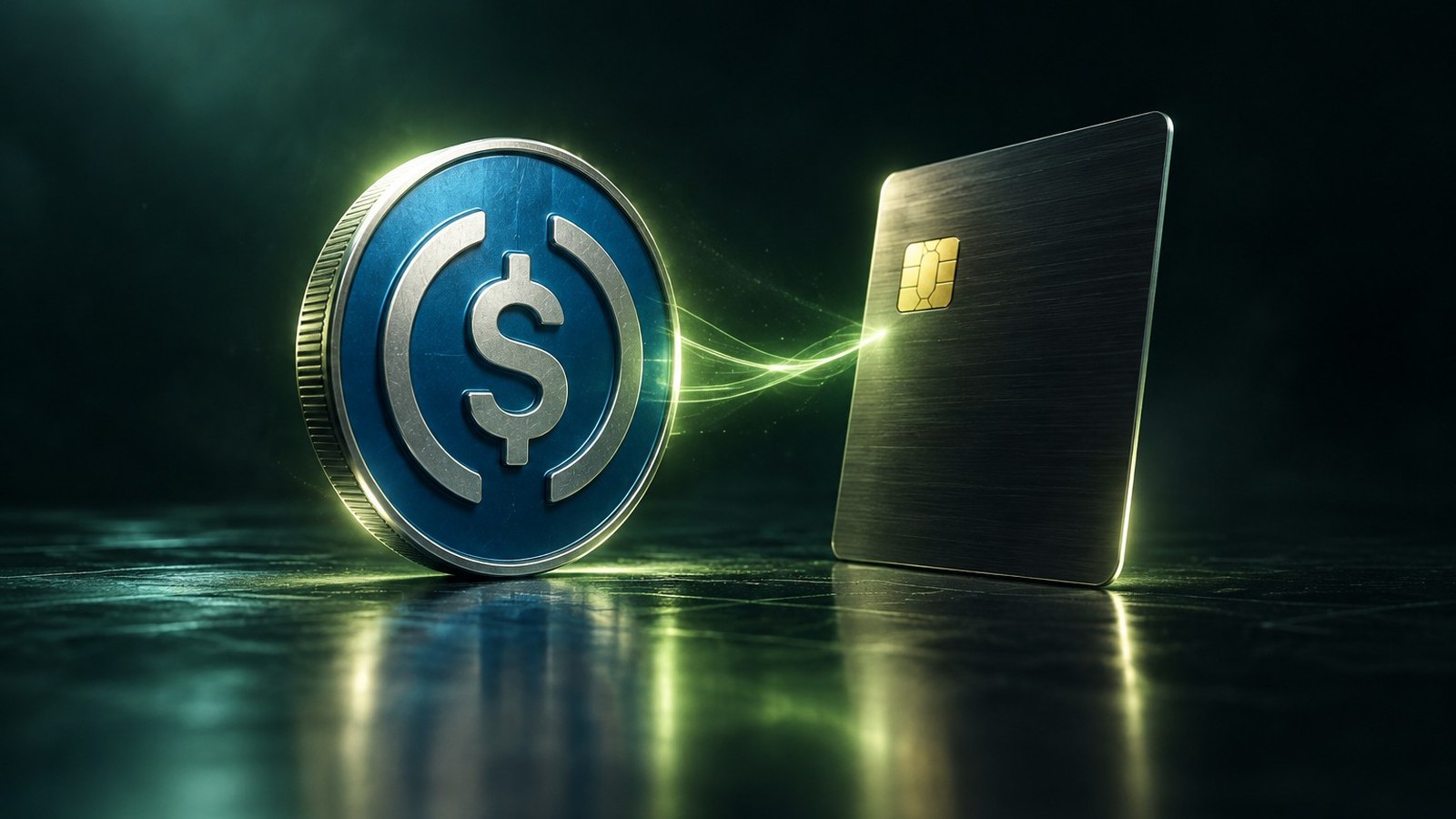 Moneda con el logo de USDC conectada por un haz de luz a una tarjeta de pago metálica sin marcas