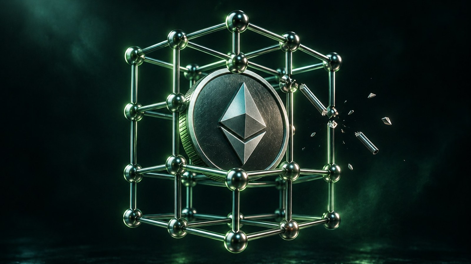 Moneda de Ethereum dentro de una red metálica de nodos con una de sus barras rota y fragmentos que se desprenden