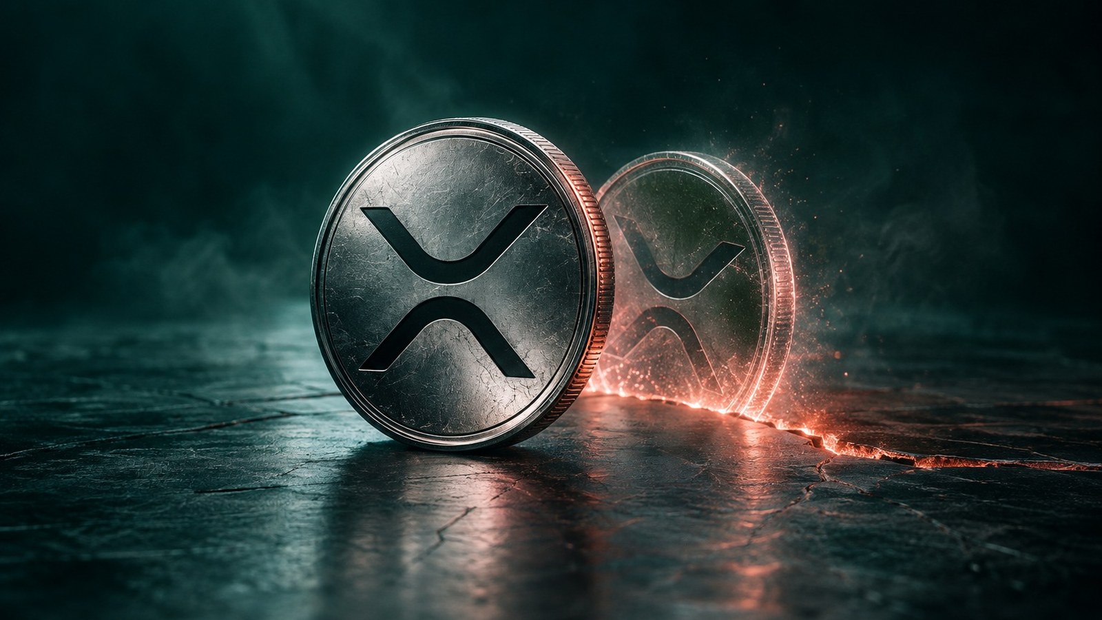 Una moneda de XRP sobre una superficie de acero, con una copia translúcida que surge de una grieta, metáfora del error que permitía crear XRP de la nada